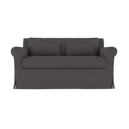 Ludlow Rolled-Arm Skirted Loveseat, 34" H x 60" W x 38" D, Box Weave Linen Blue Print, Weathered