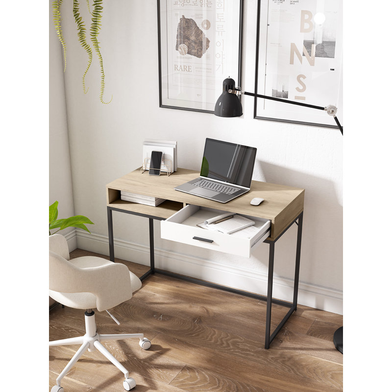 Metal Base Writing Desk, Light oak;White