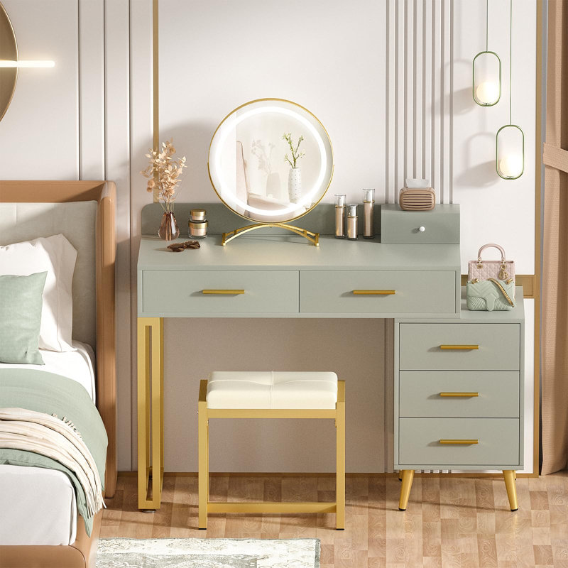 Bureau de coiffeuse avec tabouret et miroir DEL Grosmark, Vert clair / doré