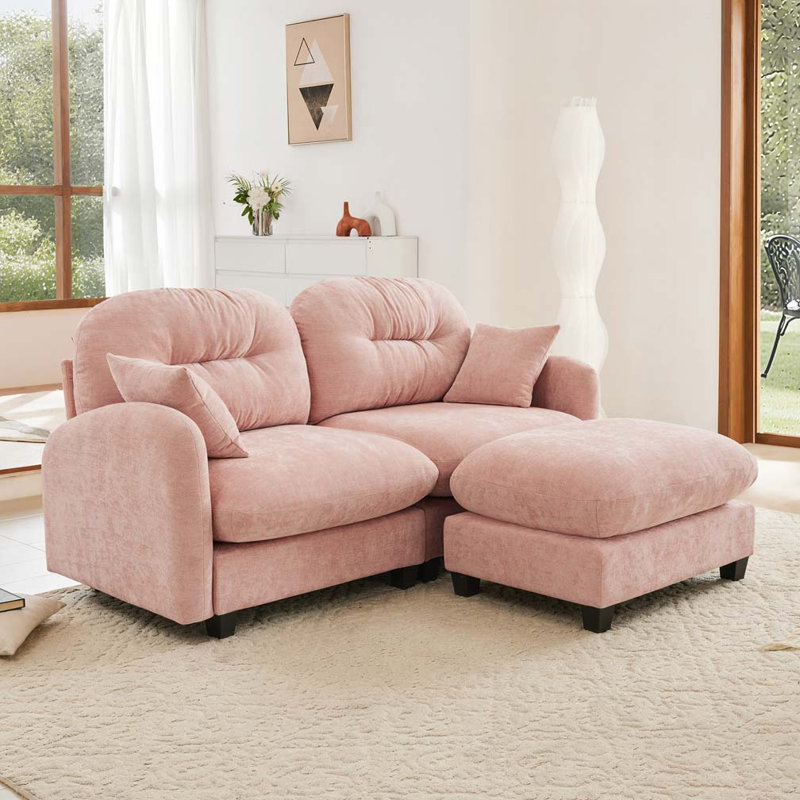 Canapé modulaire en chenille 2 places avec 2 coussins et repose-pieds, Rose, 2, H 36,6 po x l 74 po x P 934 po