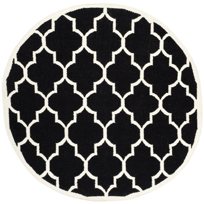 Rodgers Hand Woven Flat Weave Wool/Cotton Geometric Rug in Black/Ivory, Round 6'
