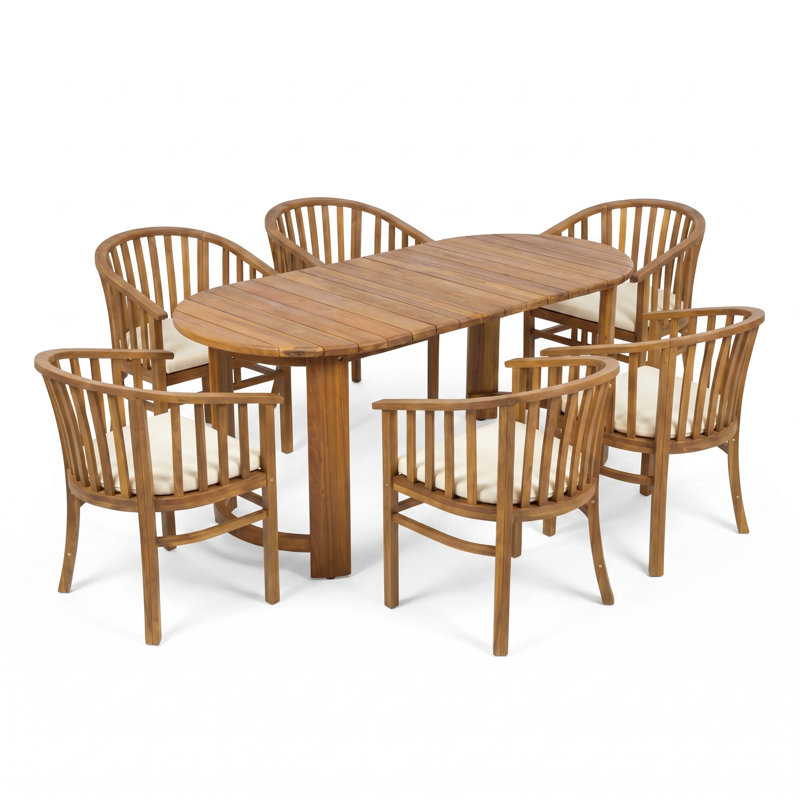 Zarek 6-Person Modern Coastal Acacia Wood Patio Dining Set with Cushioned Slat Armchairs & Oval Dining Table