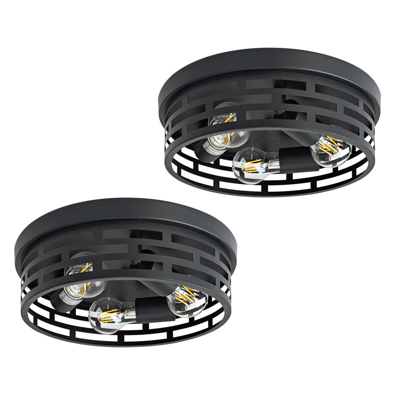 2 Pack Industrial Flush Mount Ceiling Light, 3-light Matte Black Metal Ceiling Fixture For Hallway & Living Room (12.6in)