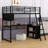Loft Bed With Built-In Desk, Metal Twin Size Loft Bed Frame With LED And 4 Storage Shelves