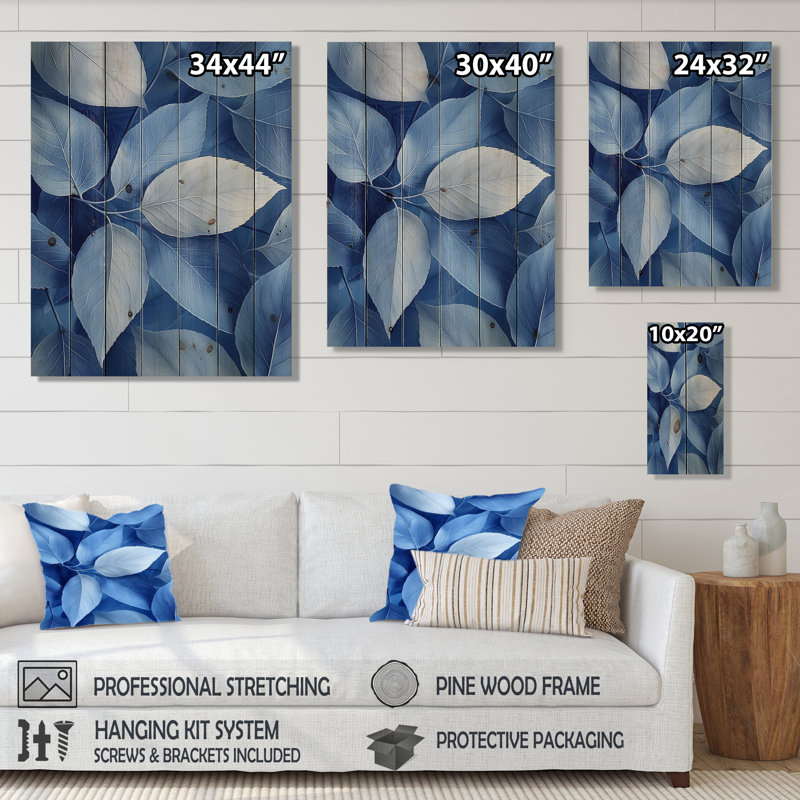 Periwinkle Leaves Of Blue Simplicity II - Leaves Wood Print - On Natural Pine Wood, 44" H x 34" W x 0.78" D