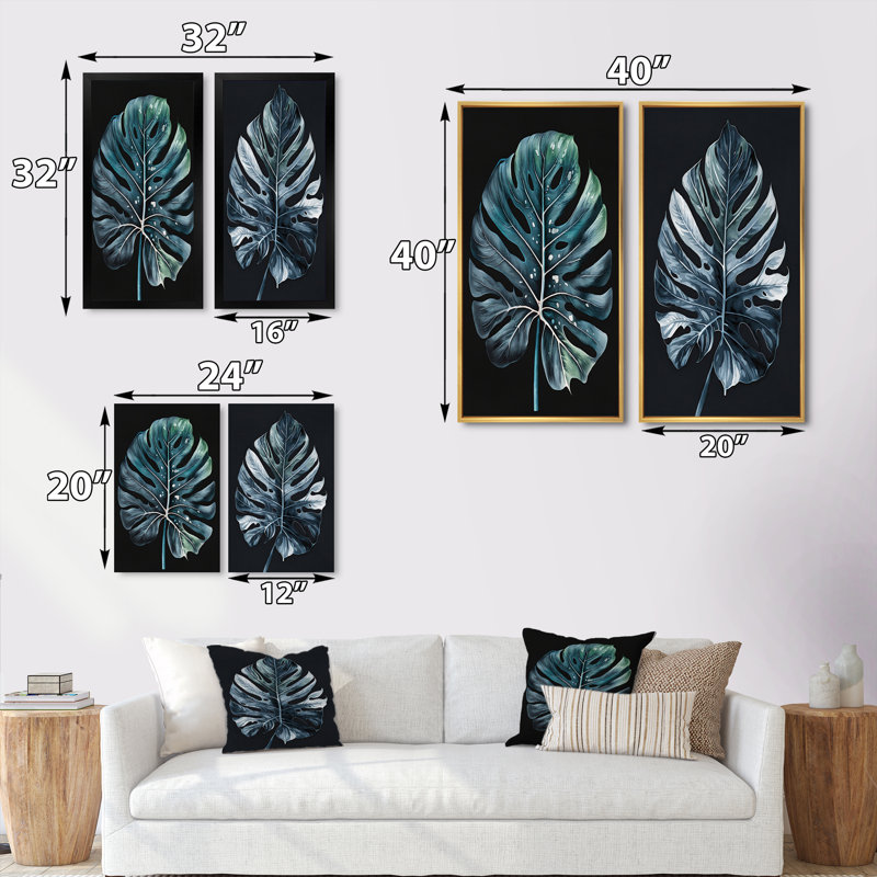 «Blue and White Philodendron Leaf», 2 pièces sur toile, H 32 po x l 32 po, Toile tendue