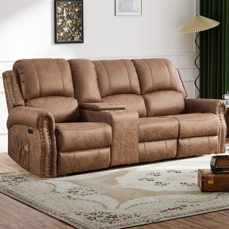97.64” Wide Retro Nailhead Trim Faux Leather Electric Reclining 3-Seater Sofa With USB/Type-C Ports, Side Pocket & Center Console
