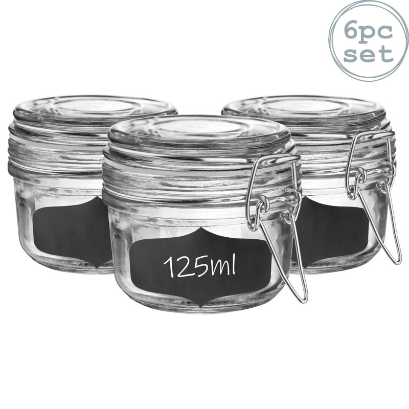 Argon Tableware - Glass Storage Jars with Labels - Set of 6, 7cm H x 7.5cm W x 7.5cm D, White/Clear