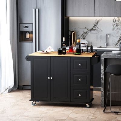Îlot de cuisine mobile avec abattant, chariot de rangement sur roulettes, porte-serviettes / épices, 3 tiroirs, armoire 2 portes, noir