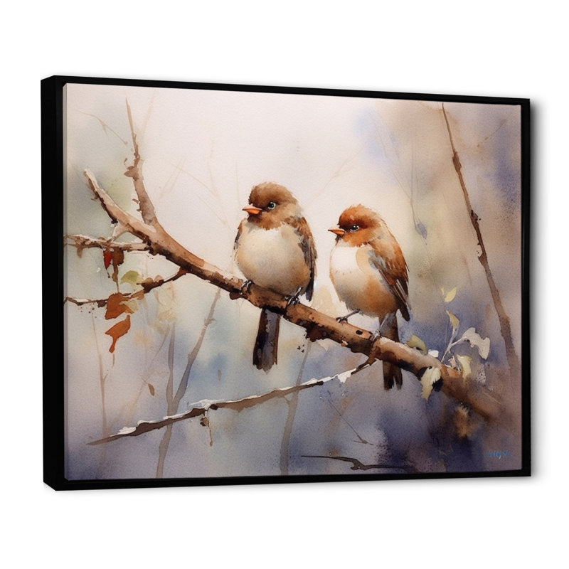 Oiseau moineau beige et brun I - art mural oiseau pour le salon, 16" H x 32" W, Cadre flottant noir