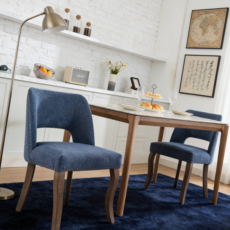 Blue Wooden Kitchen Dining Chairs, Set Of 2 Fabric Upholstered For Farmhouse Dining Room Use, Blue