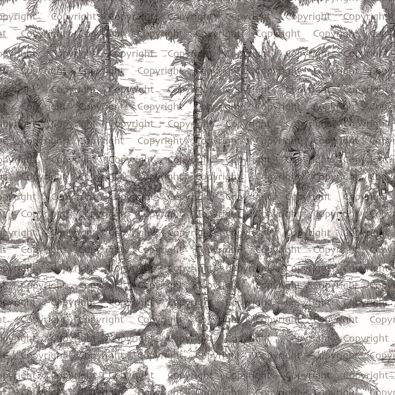 Papier peint tropical monochrome dessiné à la main Jungle, L 110,04 po x l 163 po, Noir