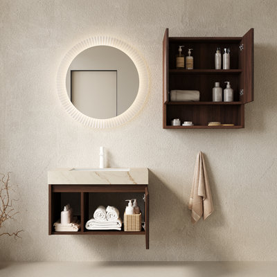 Ensemble combiné EIDEN 30 + TOBI 26, meuble-lavabo mural pour salle de bain, plateau en pierre frittée Cal Vein, lavabo en céramique, 1 trou de robinet pré-percé, robinet et drain exclus, couleur grain de bois naturel