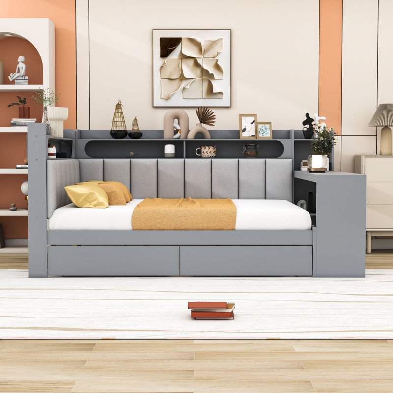 Full Two Drawers Daybed with Light Strip, Charging Station and Storage Shelves, Grey
