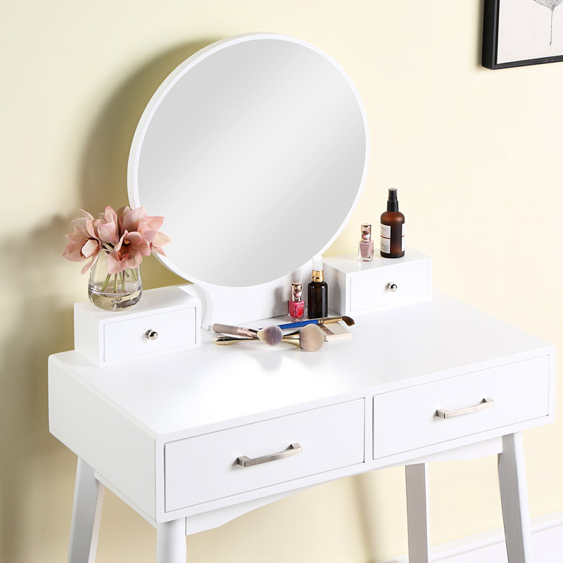 White Wood Vanity And Stool - Contemporary Style, Cushioned Seating, 11.8"H Package, 32.46"W X 52.92"H Solid Frame, Drawer Storage, 31.5"W 15.75"D Table Top,