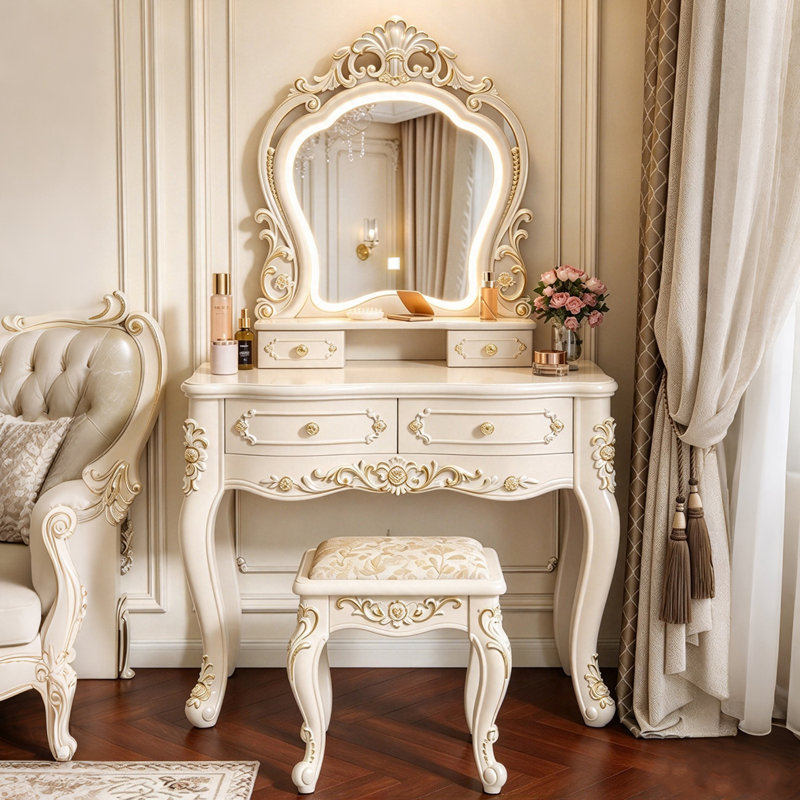 Coiffeuse 27,56 "de style européen avec miroir, H 58,07 po x l 27,56 po x P 18,5 po