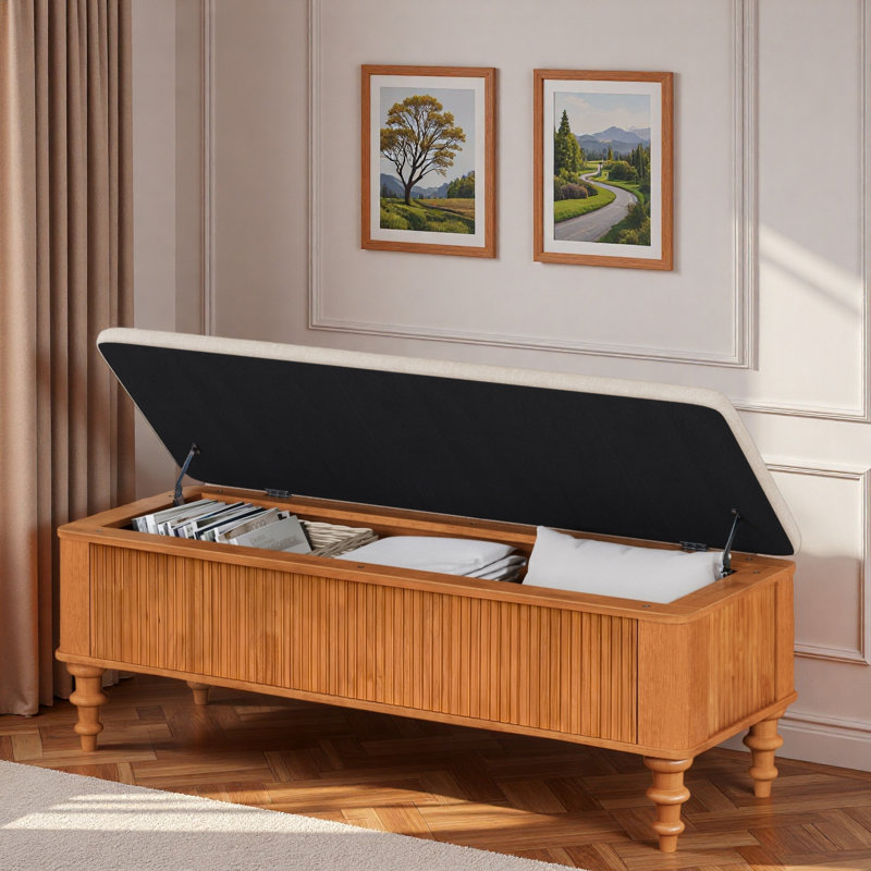 Banc de repose-pieds multifonctionnel avec siège en lin, pieds durables et espace de rangement, Naturel