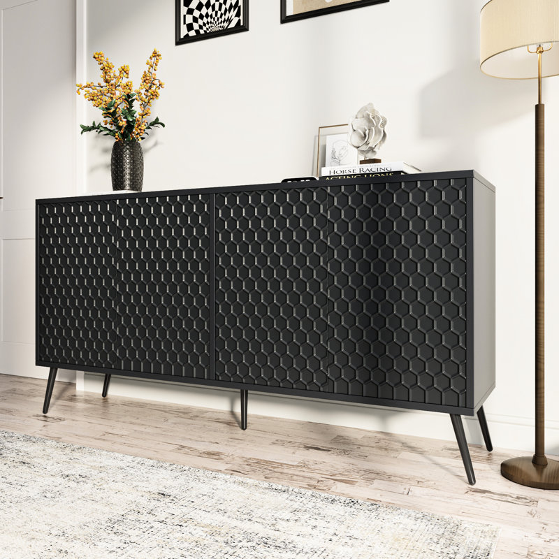 Buffet de style victorien d'inspiration 63 po, 5 pieds de support, 4 tablettes et armoire élégante contemporaine à finition bicolore pour la salle à manger, rangement réglable en nid d'abeille moderne