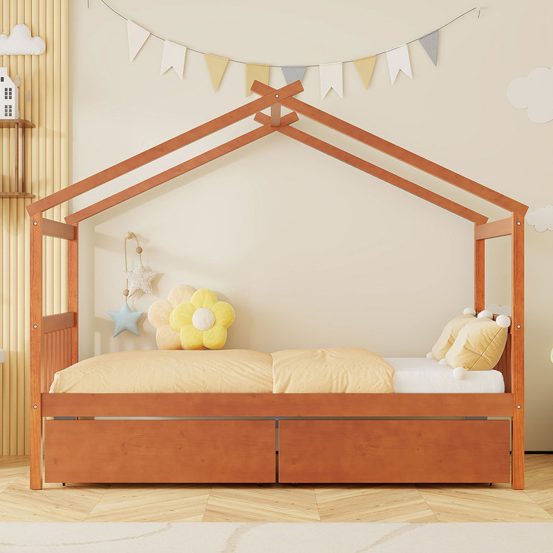 Lit de maison en bois avec tiroirs de rangement, base de lit en bois de style maisonnette pour enfants, Lit simple, Noyer