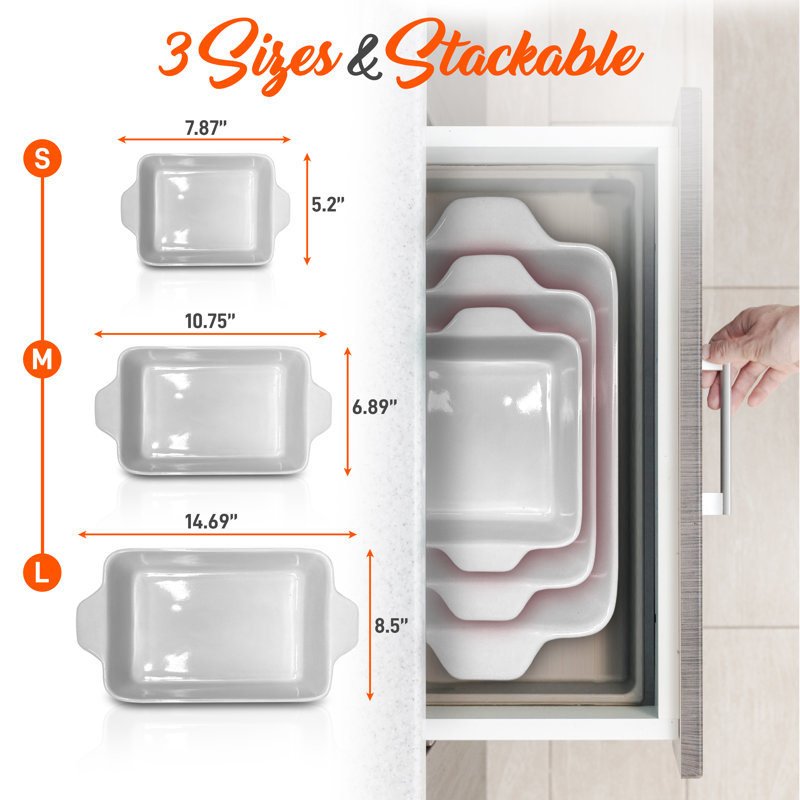 Red 3-Piece Rectangular Ceramic Bakeware Set with Non-Stick Coating