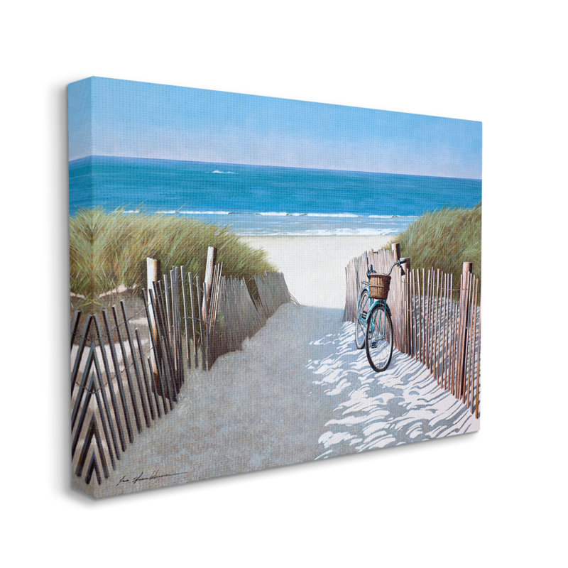 Plage, sentier de plage et bicyclette, peinture nautique d'été par Zhen-Huan Lu - Peinture, H 16 po x l 20 po, Toile tendue