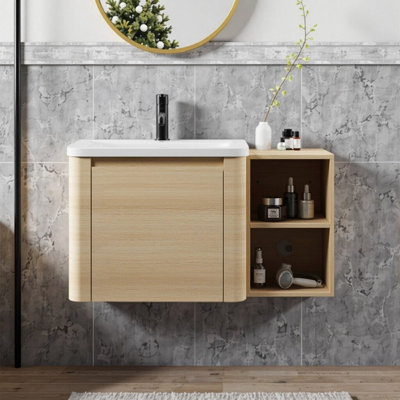 Meuble-lavabo mural 36 po avec lavabo en céramique, tablettes de rangement et porte à fermeture en douceur, fabrication en contreplaqué
