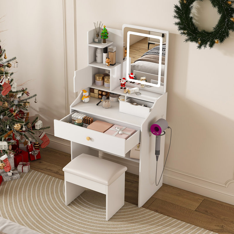 Bureau de coiffeuse avec miroir à DEL 3 couleurs, tabouret et station de charge, Blanc