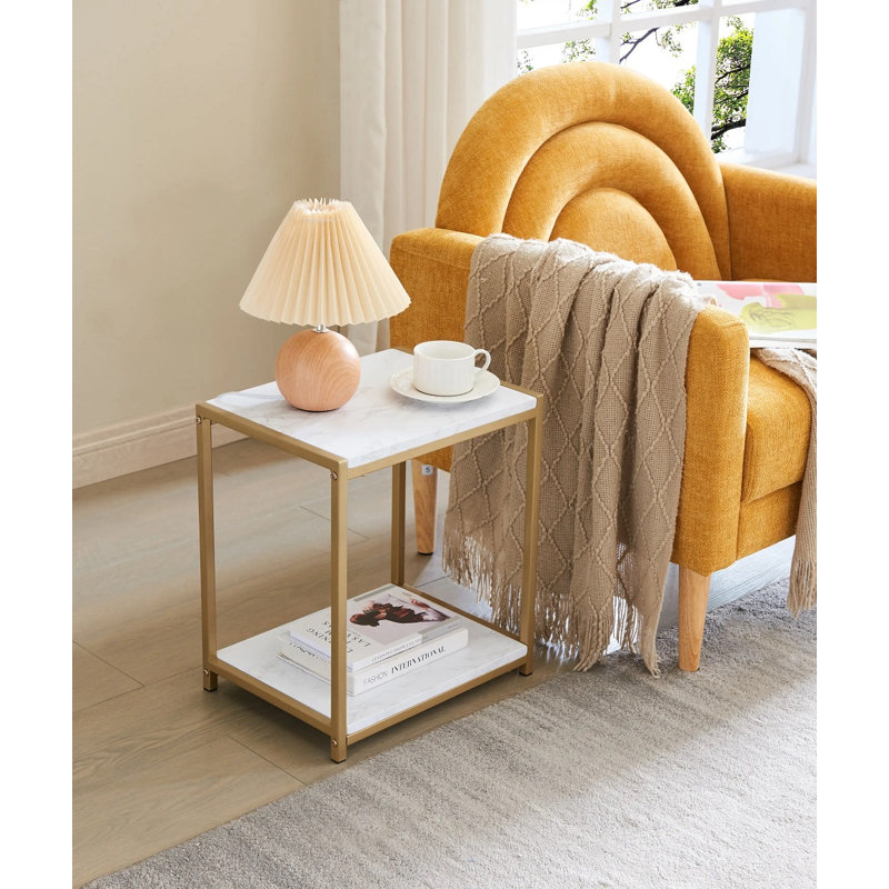 Quason Side End Table with Faux Marble Storage Shelves & Metal Frame, Nightstand for Bedroom, Living Room, or Modern Accent Table