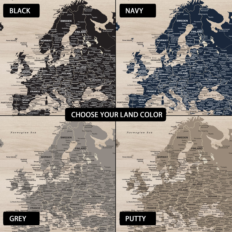 Personalized Modern Wood Push Pin World Map - 3 Panel, Putty, 40" H x 64" W, Yes