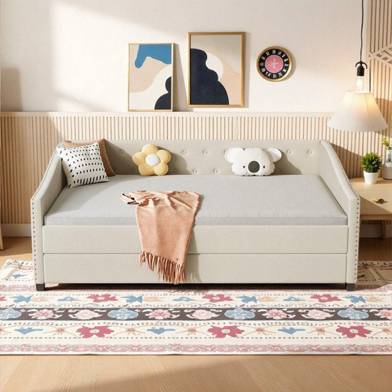 Lit de jour double avec lit gigogne simple, canapé-lit rembourré avec rangement et lit escamotable, Beige, Complet/Double