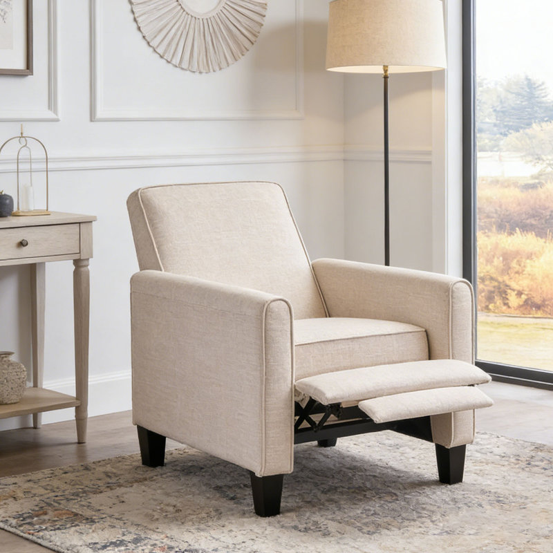 Fauteuil inclinable rembourré 27,5 po avec pieds en hêtre massif, Polyester, Beige clair