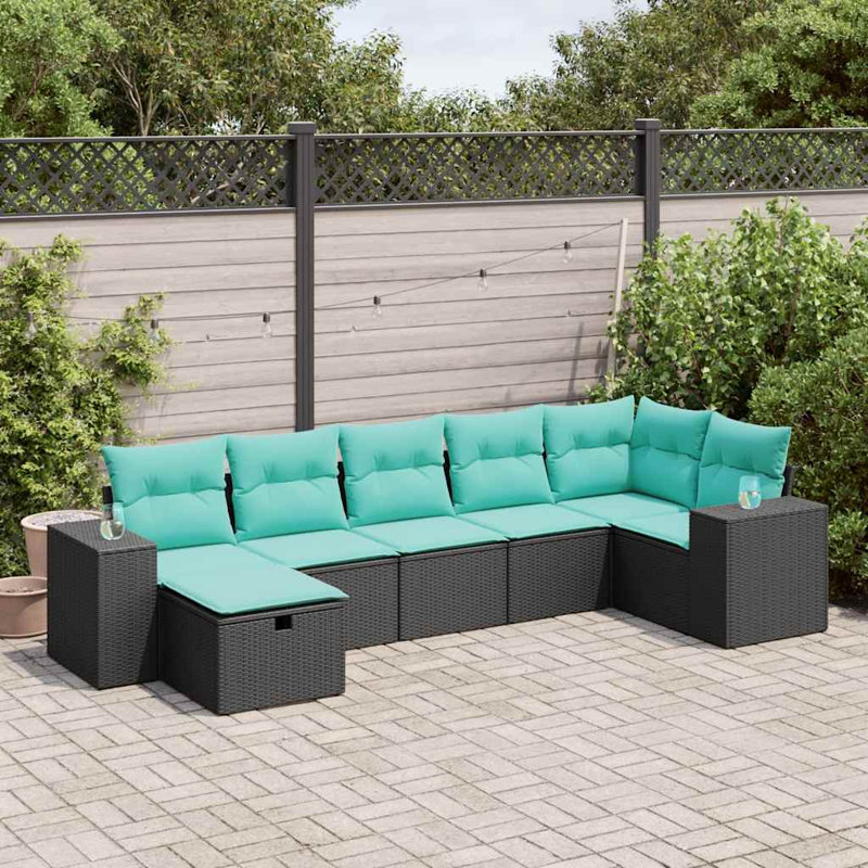  7 Piece Patio Sofa Set With Cushions Black Poly Rattan