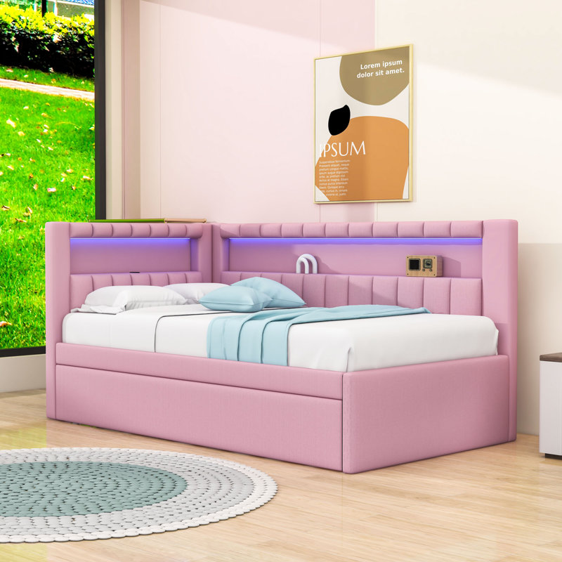 Upholstered Twin Daybed with Trundle, LED Lighting and USB Ports, Pink