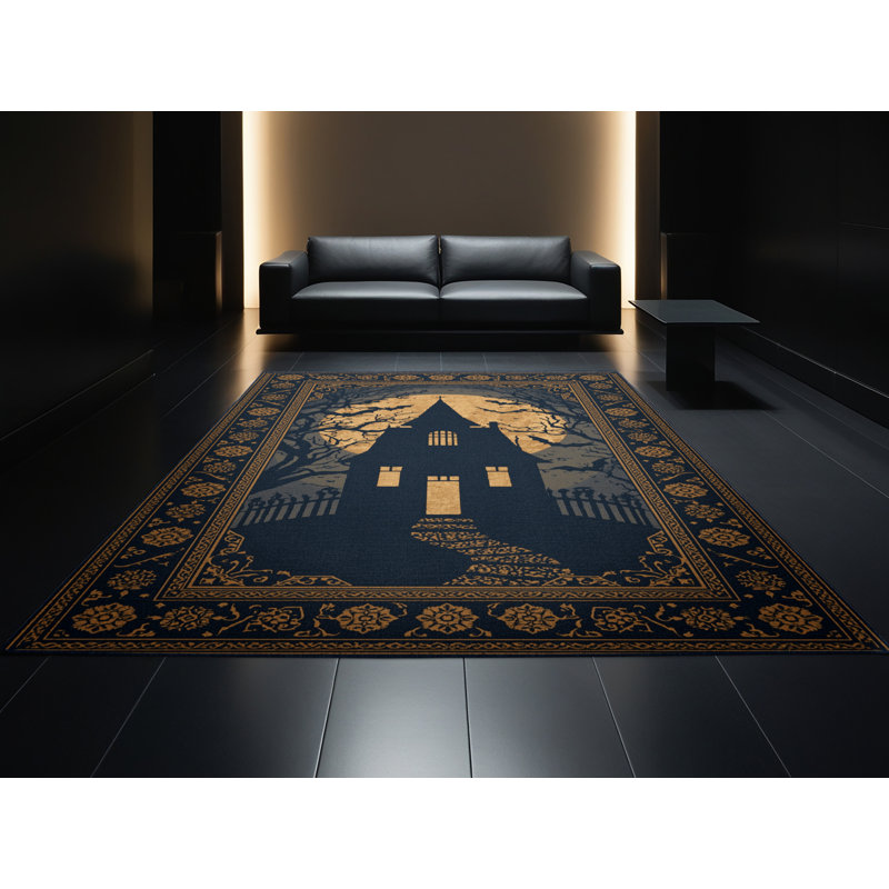 Soft Plush Fessler Halloween Modern & Contemporary Abstract Area Rug in Gray – Navy Binding, 2x5