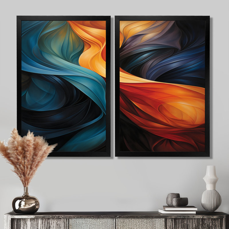 «Retro Blue Orange Liquide Streams - Waves», impression sur toile abstraite sarcelle 2 pièces, H 36 po x l 48 po, Noir