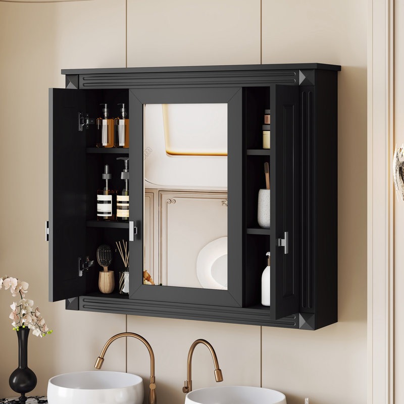 Bathroom Wall Cabinet with Mirror, Black, 28.74" H x 35" W x 7.13" D