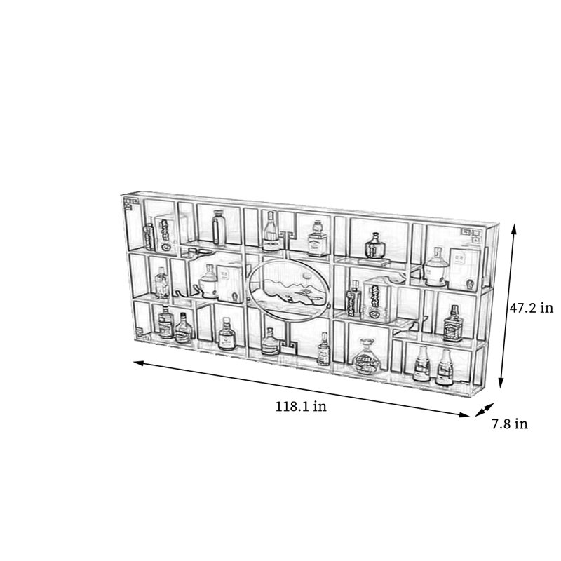 Chinese-style wall-mounted wrought iron wine rack, 47.2" H x 118.1" W x 7.8" D, Black