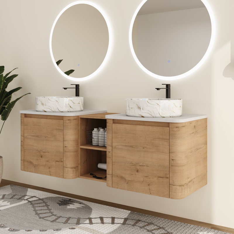 Ensemble de meuble-lavabo double 60 po avec lavabo en céramique et tablettes de rangement Greythor, ensemble de meuble-lavabo double 60 po avec plateau en pierre