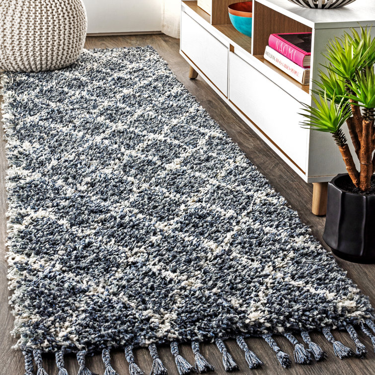 Cantera Shag Plush Tassel Moroccan Geometric Trellis Denim Blue/Cream Rug
