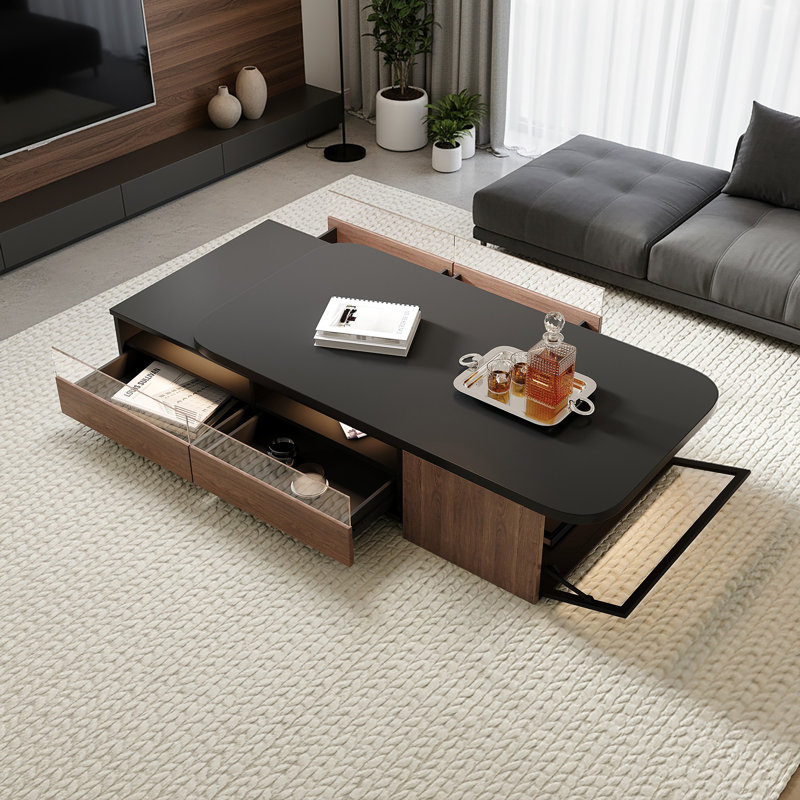 Table basse extensible de 69 pouces avec plusieurs tiroirs de rangement, lumières à capteur, portes en verre et armoires de rangement latérales