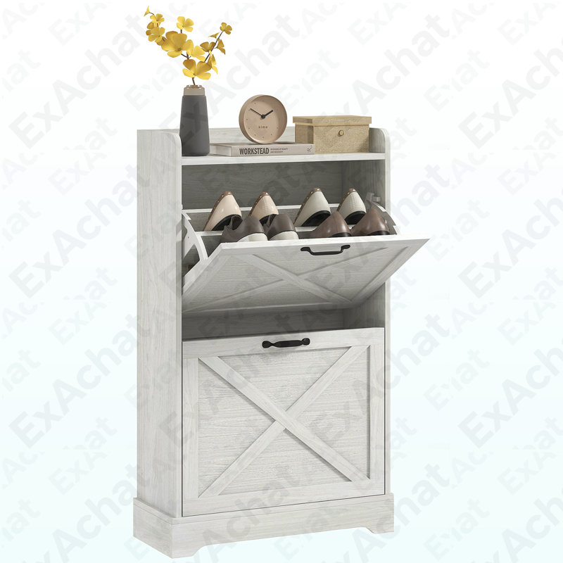 Slim Shoe Cabinet for Entryway, Farmhouse Hidden Shoe Storage Cabinet with 2 Flip Drawers and Adjustable Shelves for 8 Pairs of Shoes, Distressed White