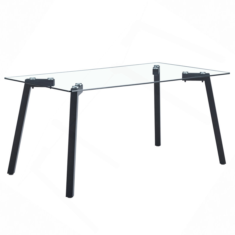 Modern Minimalist Rectangular Glass Dining Table With 0.31" Tempered Glass Tabletop And Black Coating Metal Legs, Writing Table Desk, For Kitchen Dining Living Room, 63" W X 35.4"D X 30" H
