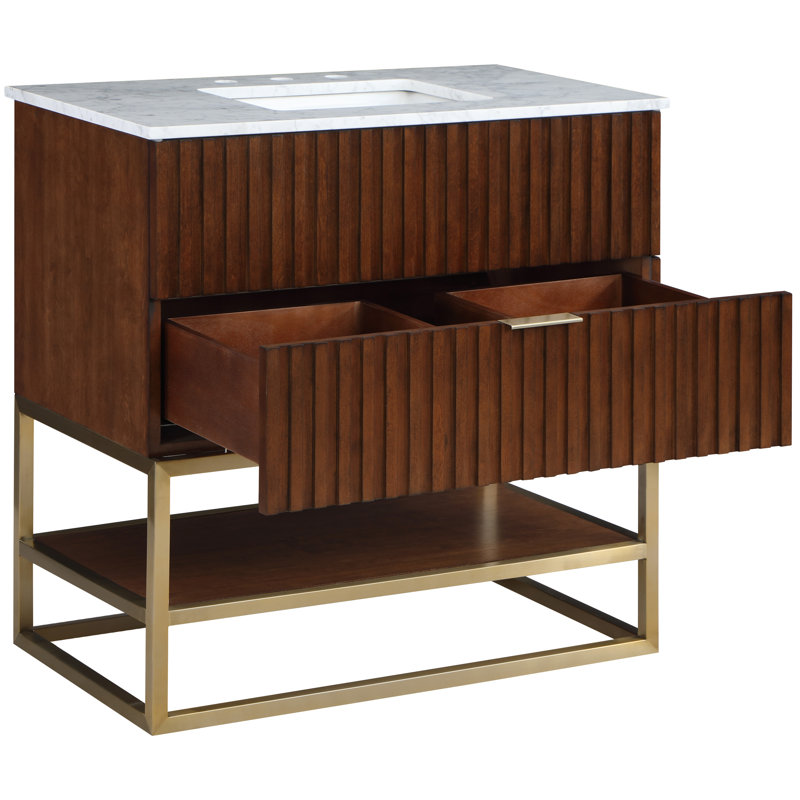 Monad 36'' Brushed Gold Single Freestanding Vanity with Marble Top
