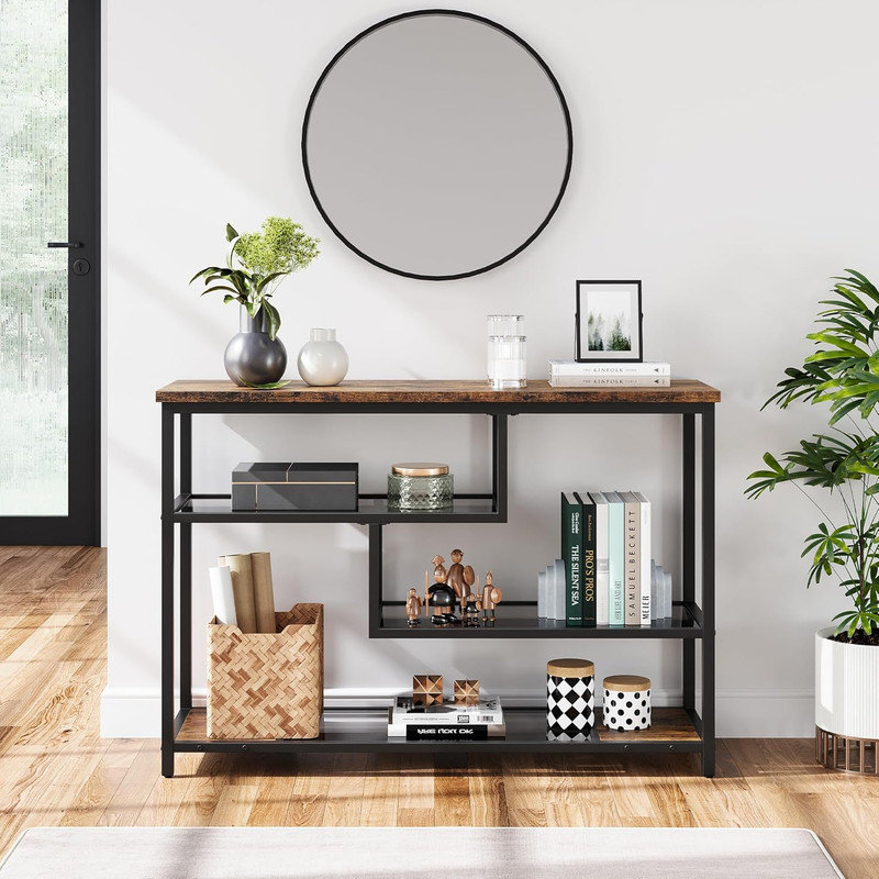 Console 39,4 po à 4 niveaux avec tablettes en verre et canapé industriel pour vestibule