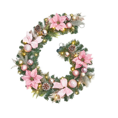 Guirlande de Noël rose de 6 pi avec 20 lumières DEL, guirlande de Noël pré-éclairée pour manteau de cheminée avec minuterie de fleurs de poinsettia, 8 modes d'éclairage, pour décorations de rampe d'escalier extérieur Indooor