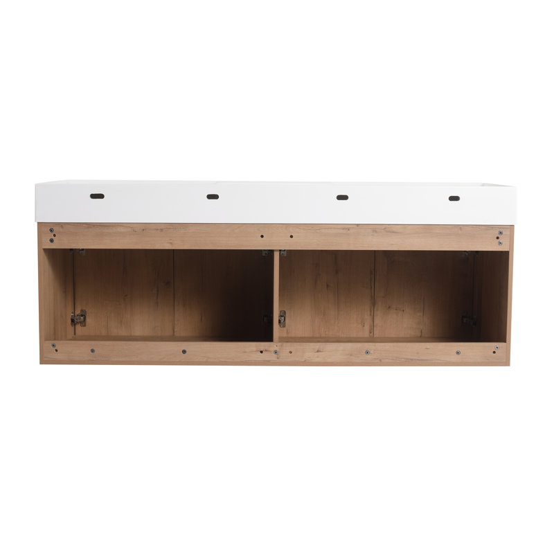 Meuble-lavabo double 60 po avec plateau en résine, armoire de salle de bain murale avec 4 portes à fermeture douce