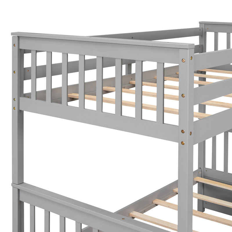 Lit superposé simple Twinfull en gris avec deux tiroirs, construction stable et précautions de rangement en bois massif, Gris