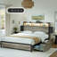Lit double Livia avec 2 tiroirs sous le lit, lit plateforme moderne avec station de recharge et éclairage DEL, tête de lit avec rangement, 2 tiroirs de chevet et étagères ouvertes, gris-705684569-697363590