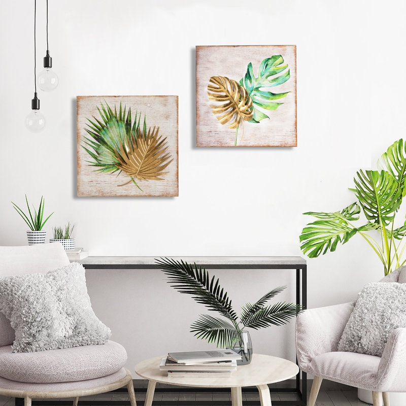 Décoration murale feuille tropicale faite à la main sur bois massif (ensemble de 2)
