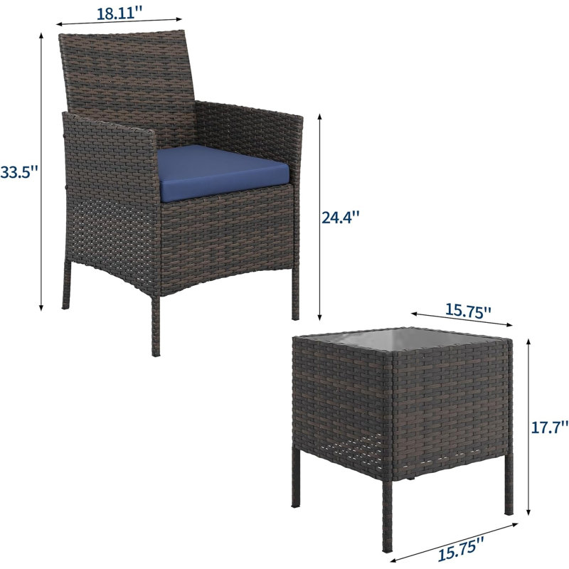 3 Pieces Patio Furniture Set, Rattan Outdoor Furniture with 2 Upholstered Chairs and Coffee Table, Conversation Bistro Set for Garden, Backyard, Porch, Brown and Blue